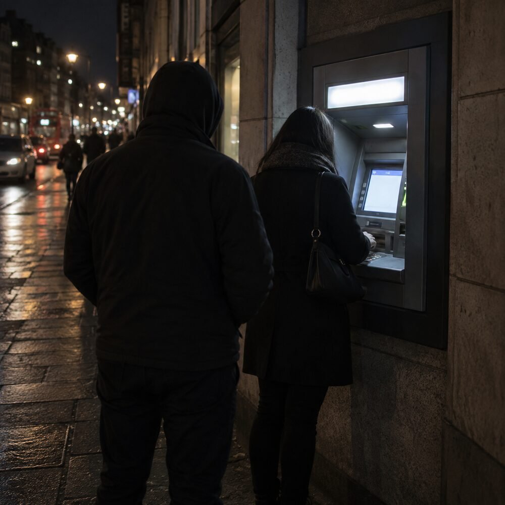 A cash machine on a street corner at night with a second figure standing closer than necessary