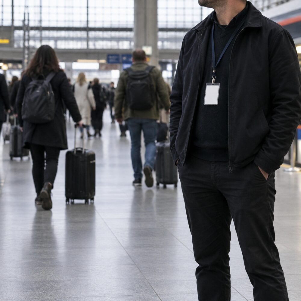 A man in a generic dark jacket with an unreadable lanyard badge, standing in a transit hall