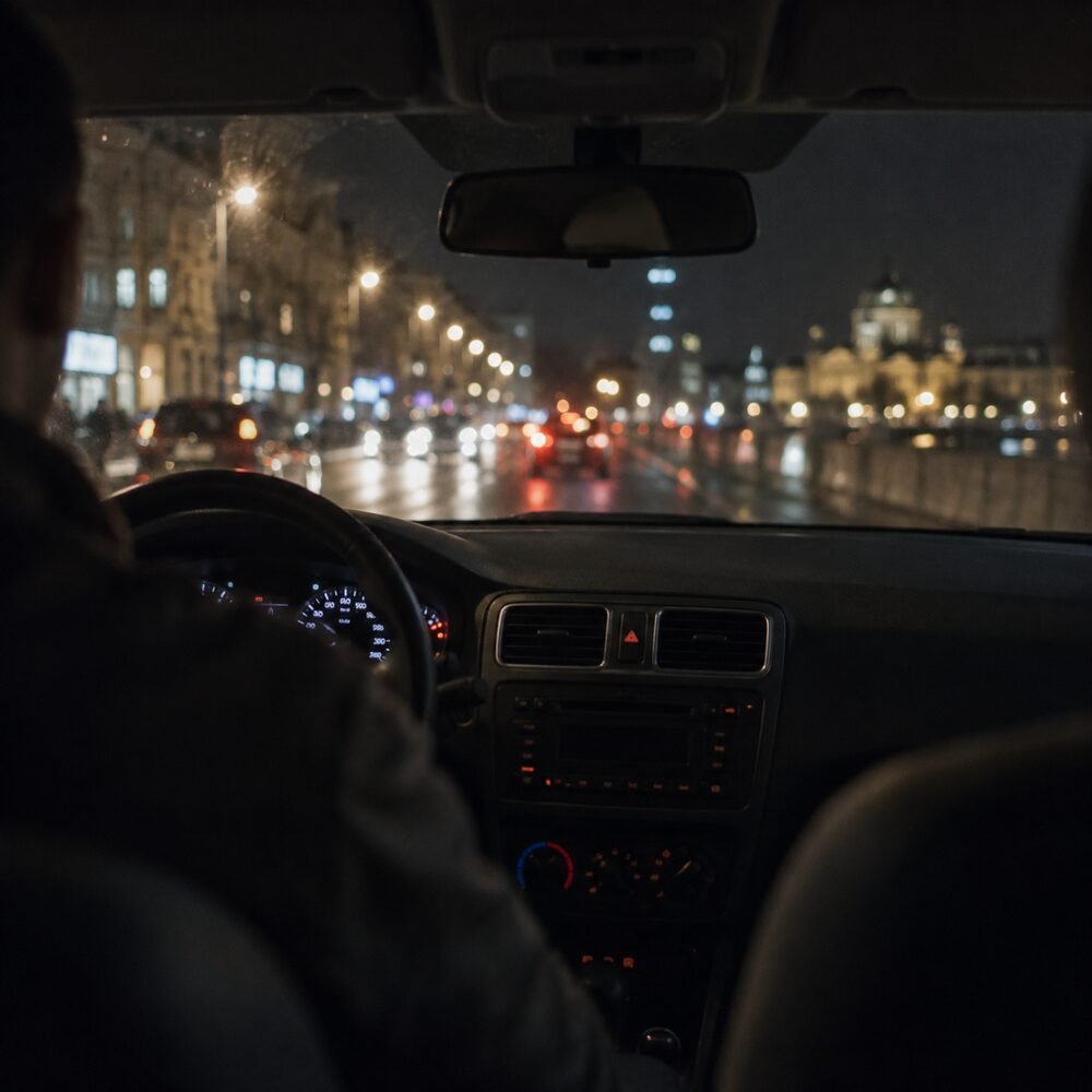 The interior of an unmarked car at night, no meter on the dashboard, city lights outside