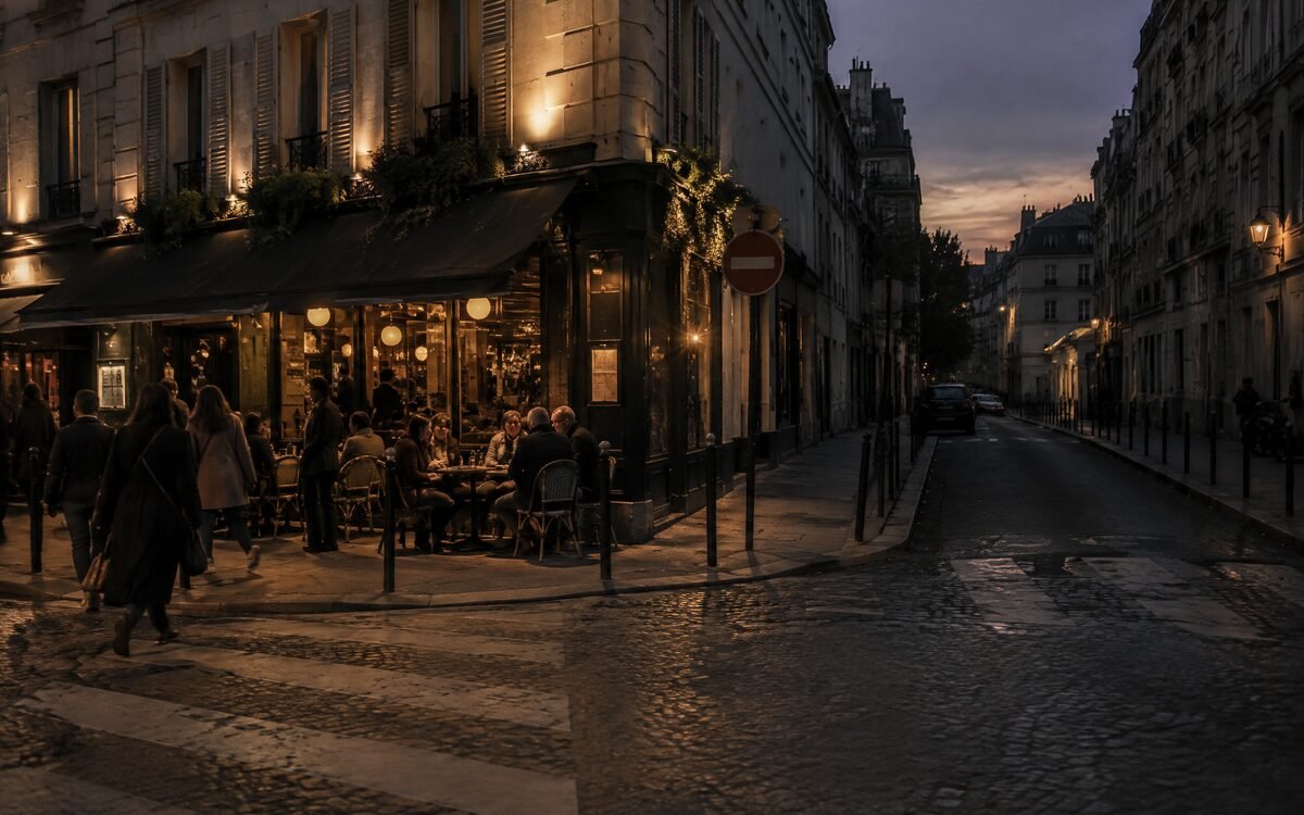 A narrow street at dusk where the light and the crowd density change sharply at one corner