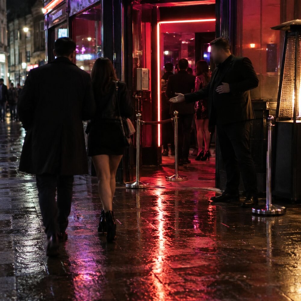 A neon-lit bar entrance in a nightlife district with a tout standing outside