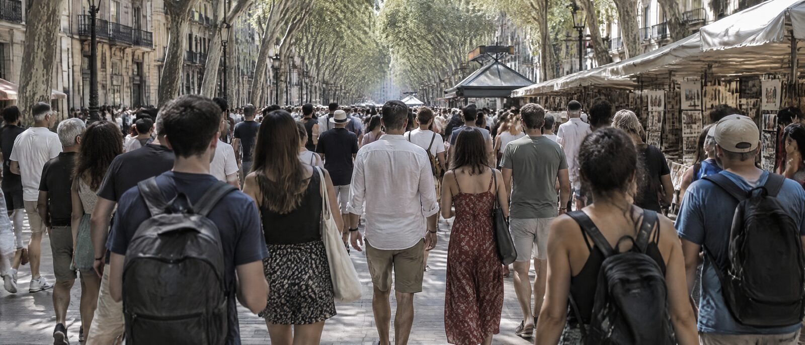 A dense crowd on Las Ramblas in daylight, bodies close together, bags on shoulders