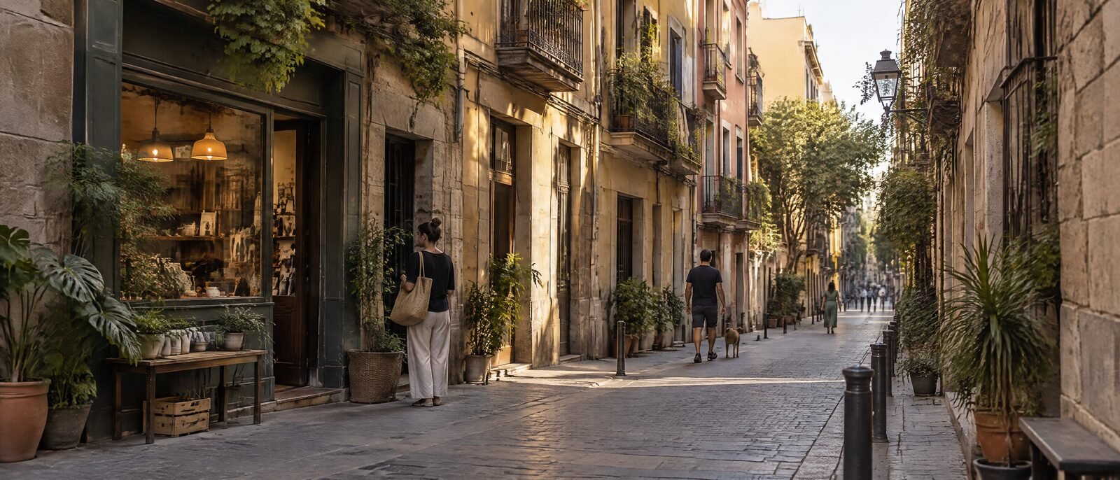 A quiet Gracia side street with balconies and small shopfronts in late afternoon light