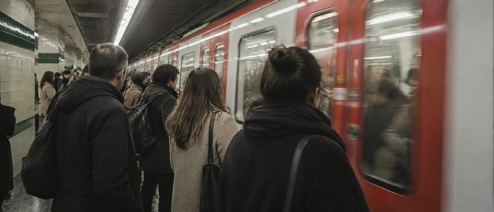 A Barcelona metro platform on line L3, train arriving, passengers pressed toward the doors