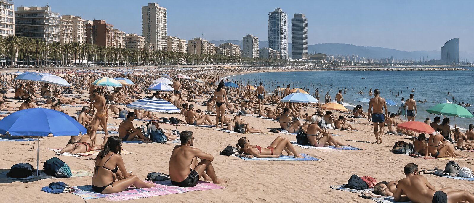 Barceloneta beach in high summer, packed with people, hard midday sun