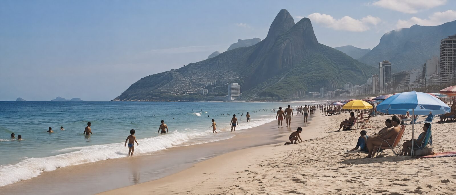 Ipanema beach in Rio de Janeiro at midday, Two Brothers mountain in the background, families and sunbathers spread across the sand