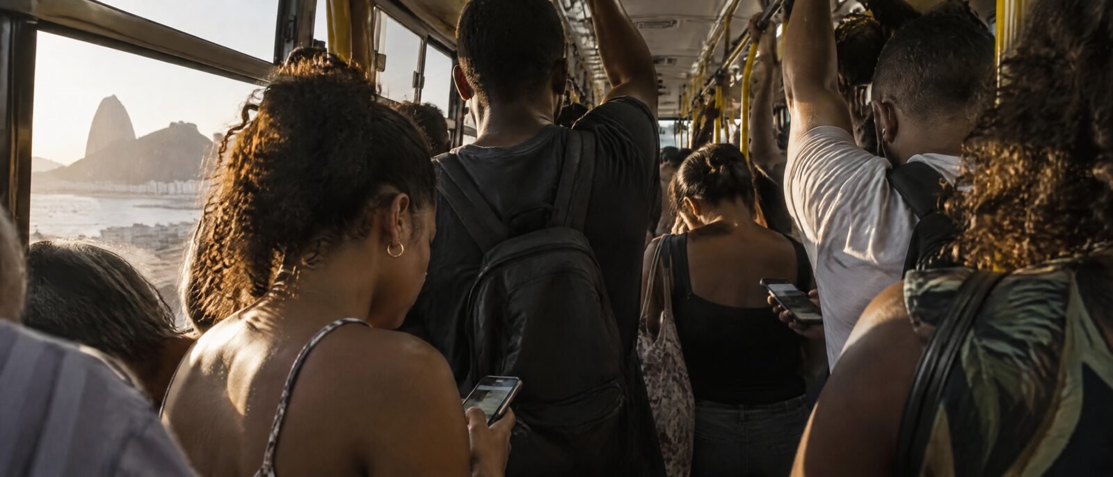 A crowded Rio city bus interior in late afternoon light, passengers standing, phones held close