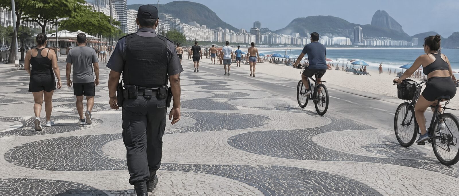 A police officer on foot patrol along a tourist promenade in Copacabana, daylight, beach visible alongside