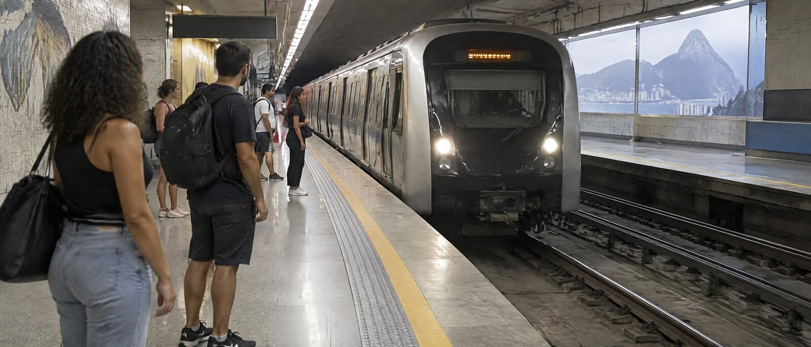 A clean, modern Rio de Janeiro metro platform with a train arriving, a few passengers waiting