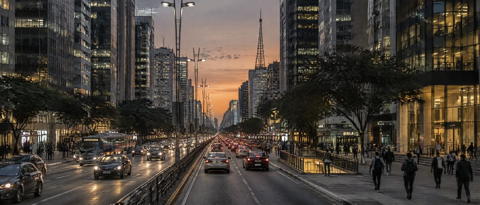 A wide view of São Paulo's Avenida Paulista skyline at dusk, traffic and pedestrians, financial district towers