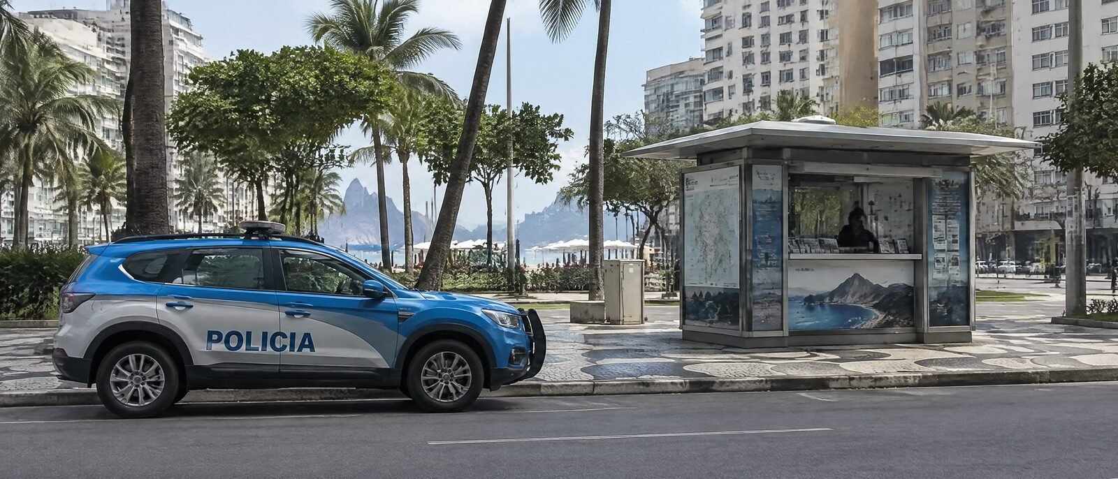 A Brazilian police vehicle parked at a tourist information point, Rio street scene, daylight