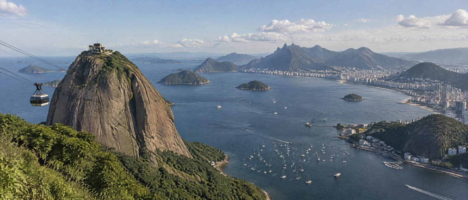 A wide view of Rio's Guanabara Bay and Sugarloaf Mountain in clear afternoon light