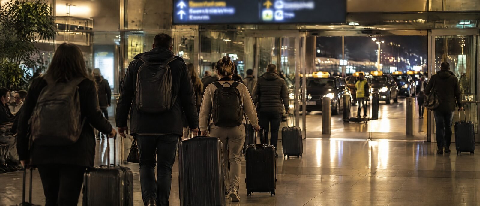 Travellers coming through an airport arrivals hall at night toward the official taxi rank