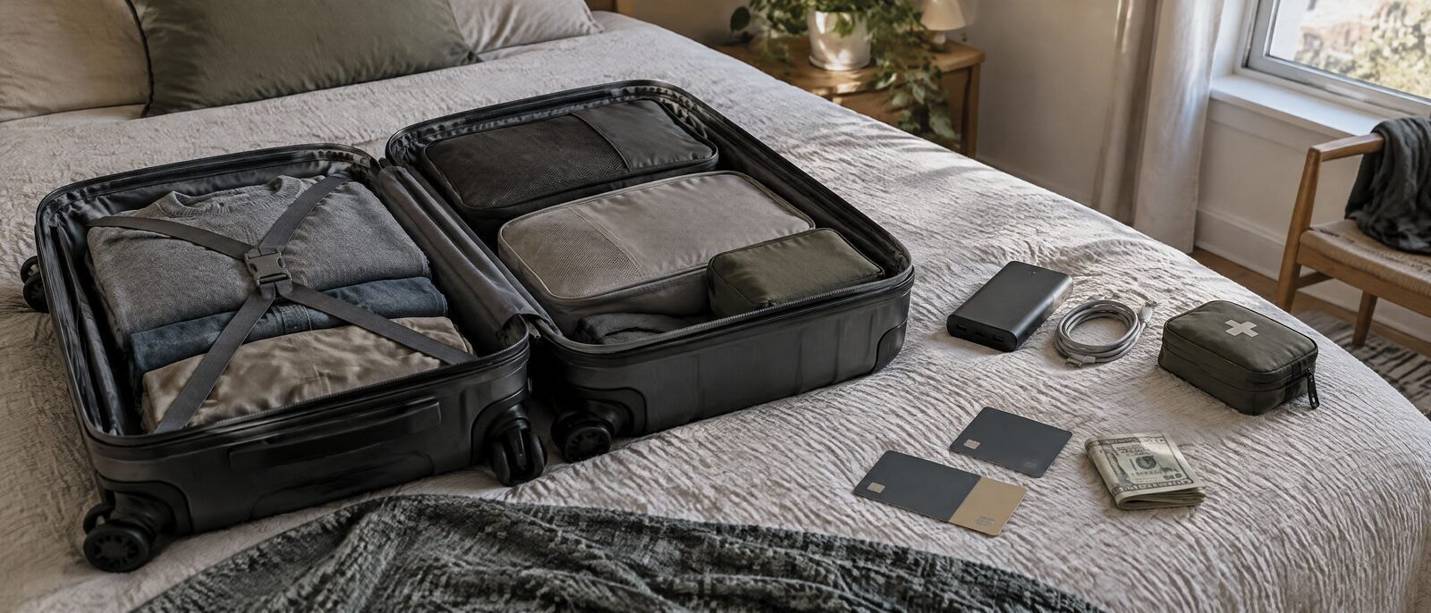 A carry-on bag open the day before a trip, cards and cash packed apart from each other