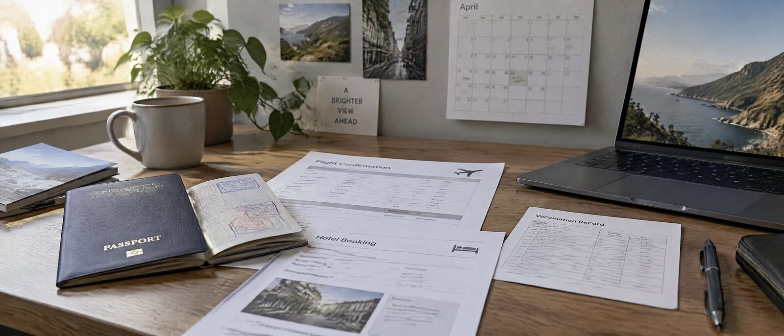 A passport, printed booking confirmations and a vaccination record on a desk in morning light