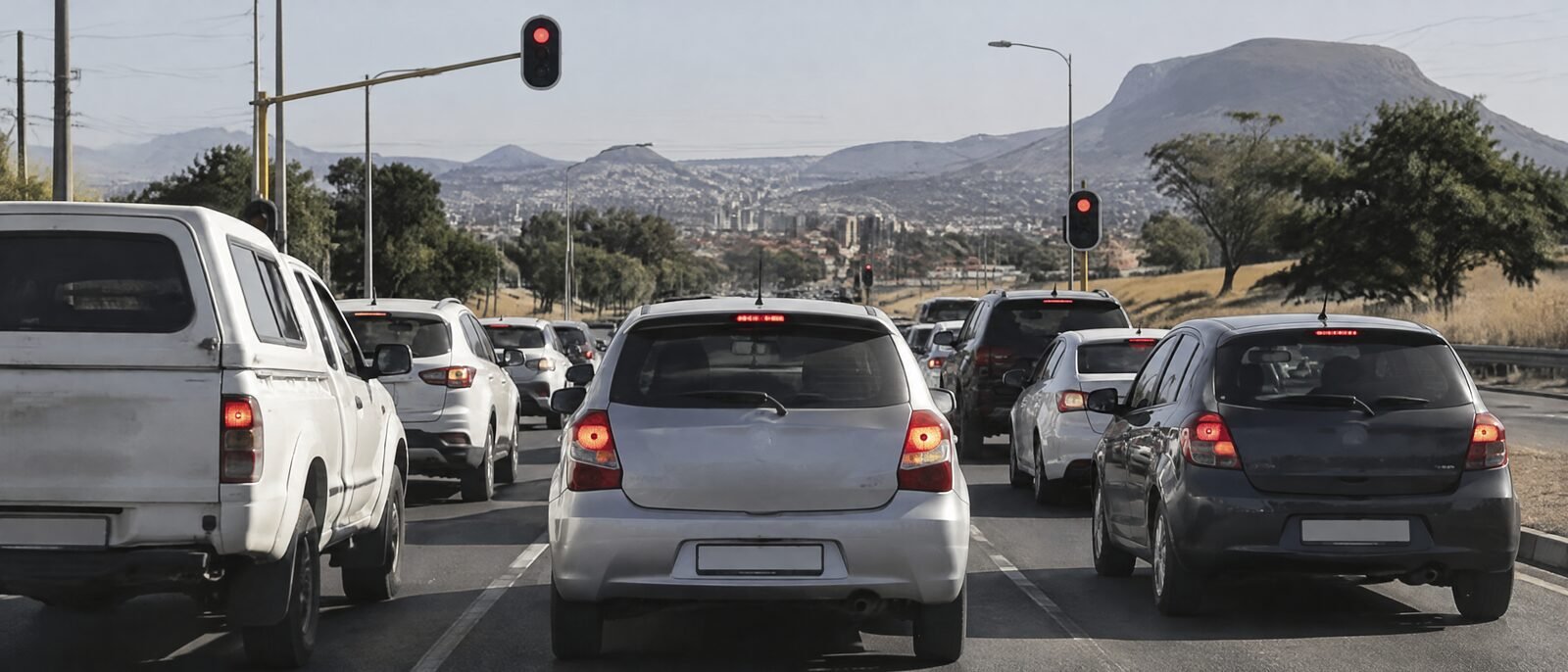 A stretch of the N2 highway with traffic stopped at a red light, cars close together