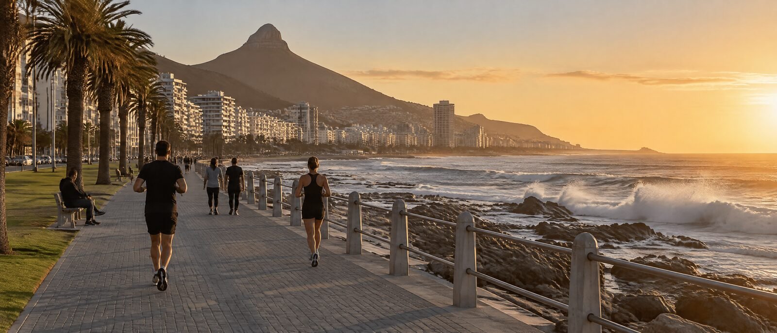 The Sea Point promenade at golden hour, people walking and running along the seafront