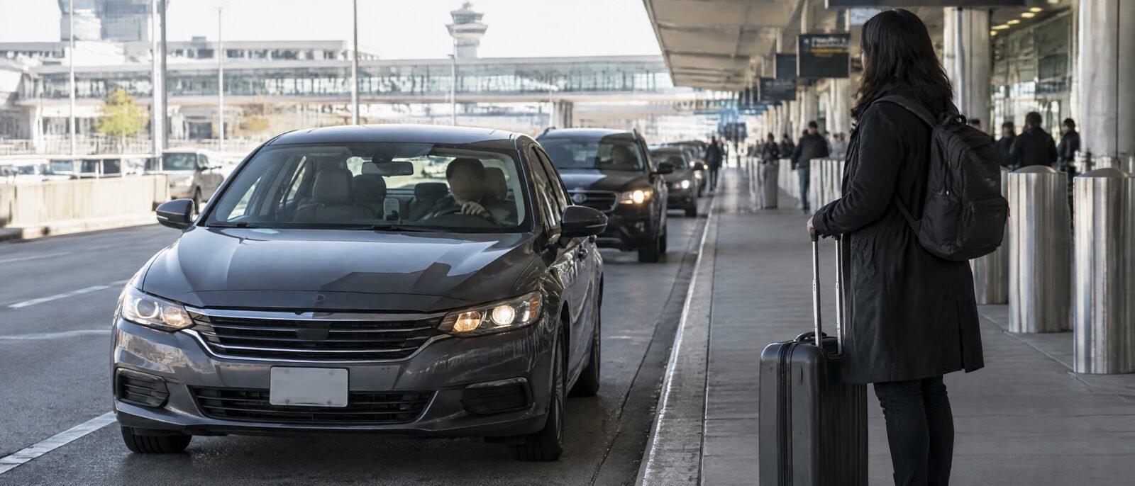 A ride-hail car pulling up at a Cape Town airport pickup bay, driver checking a phone