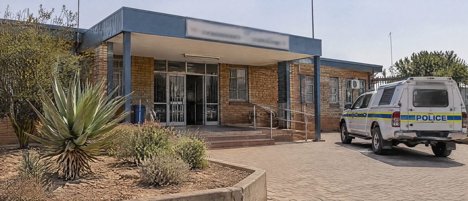A South African Police Service station entrance with signage, daylight