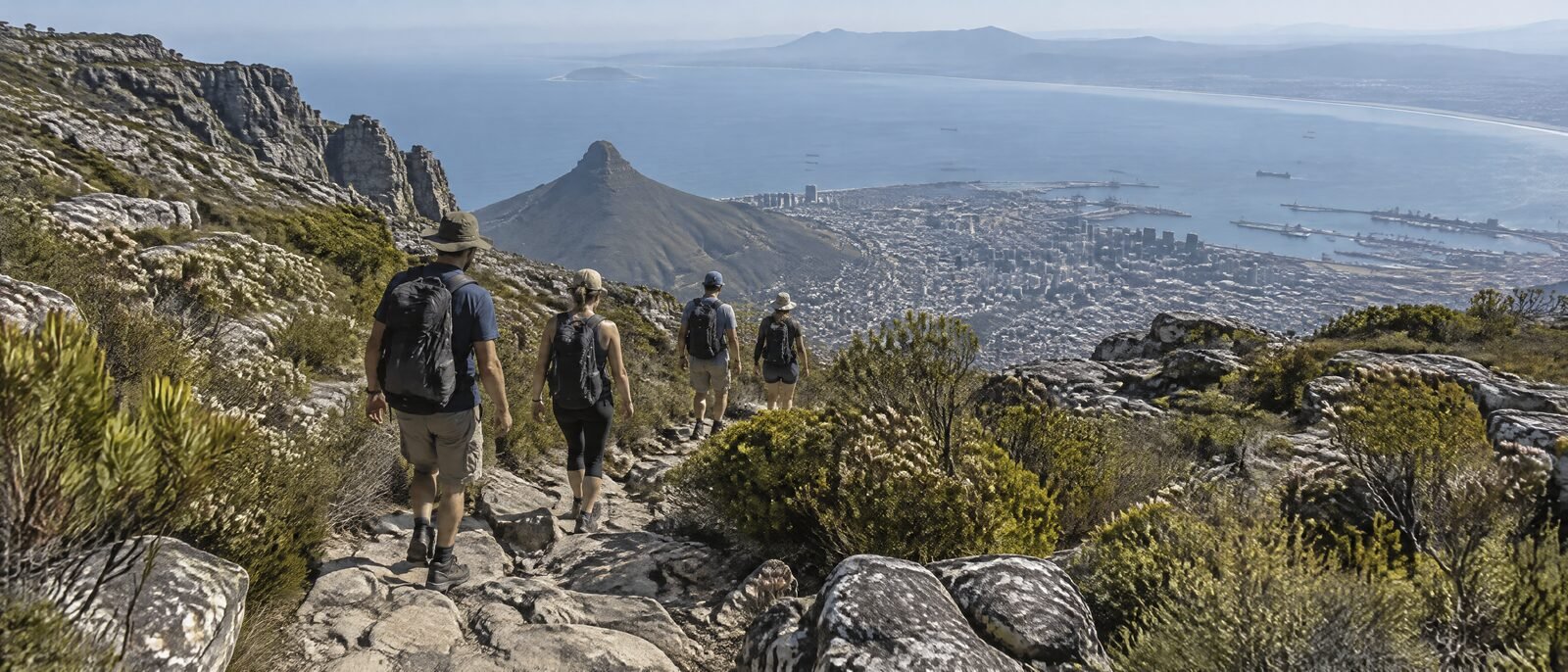A hiking trail on Table Mountain with a group of walkers together, city far below