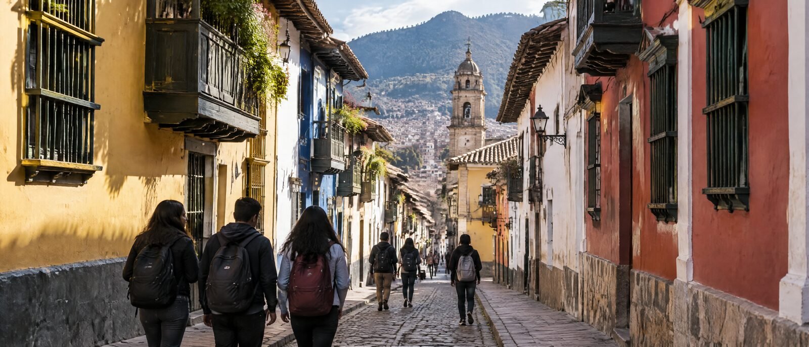 A narrow painted colonial street in La Candelaria, Bogotá, in bright mid-morning light with students walking
