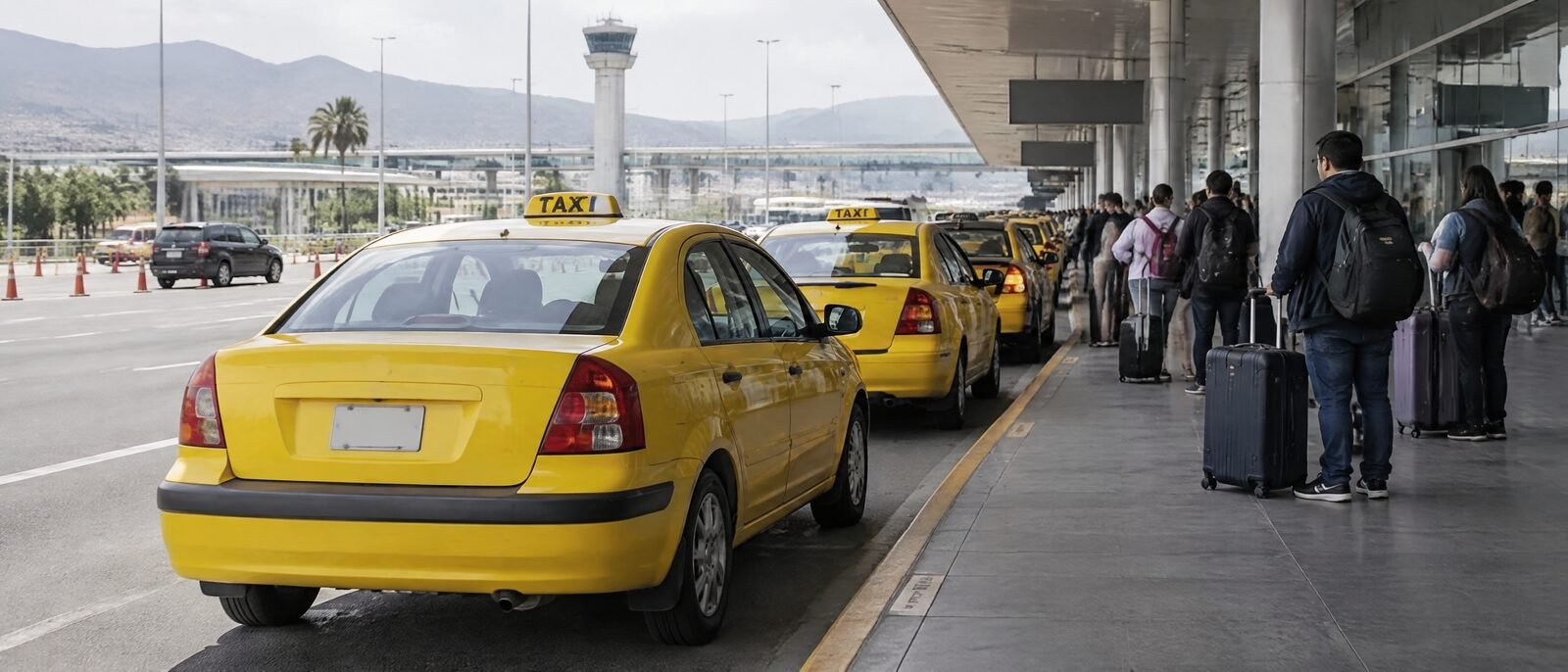 A line of yellow authorised taxis at a Colombian airport terminal kerb in daylight, plate numbers visible on the doors