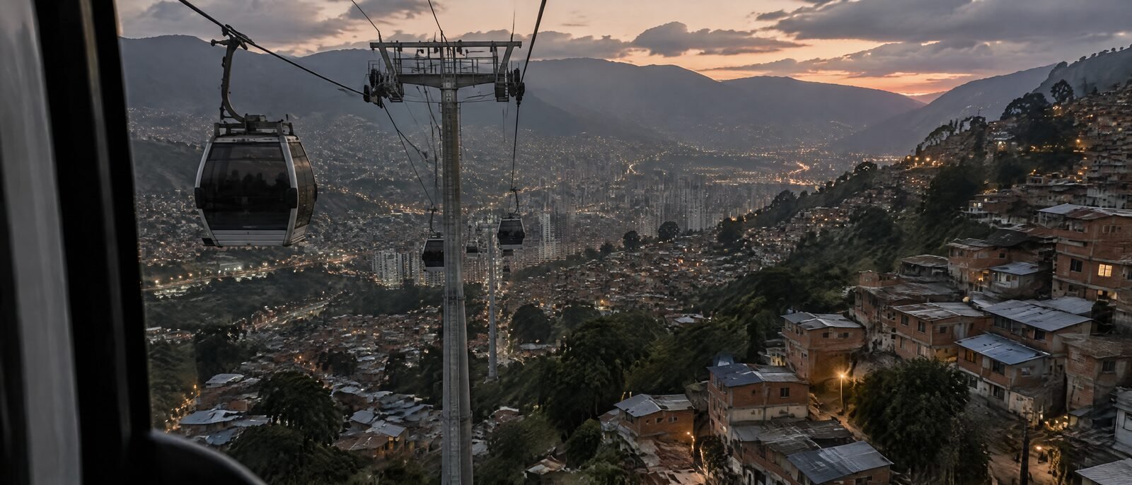 A Medellín hillside at dusk seen from a Metrocable car, lights coming on across the Aburrá valley