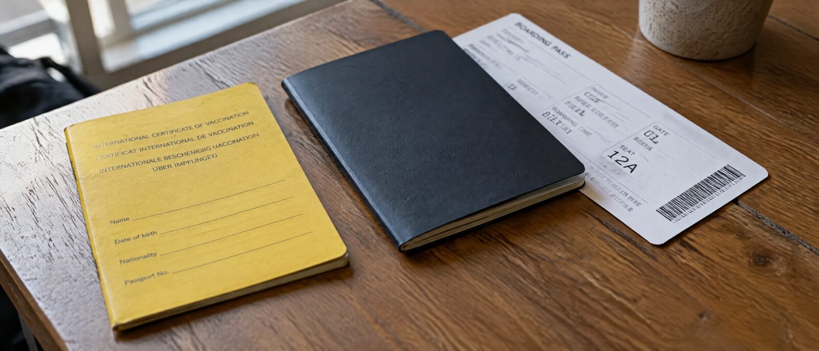 A yellow fever vaccination card and a passport on a table beside a boarding pass, daylight from a window