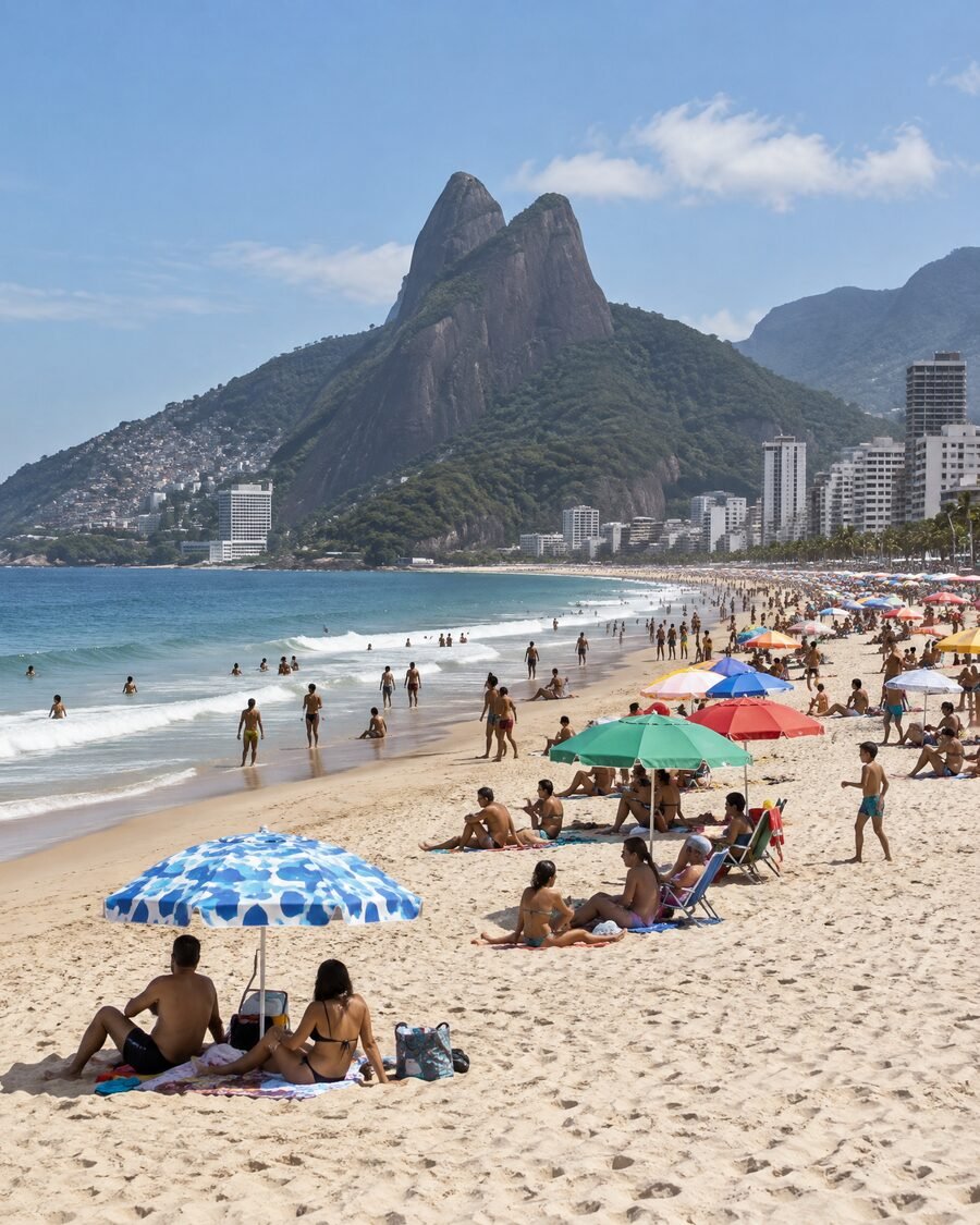 Ipanema beach in Rio de Janeiro at midday, Two Brothers mountain behind