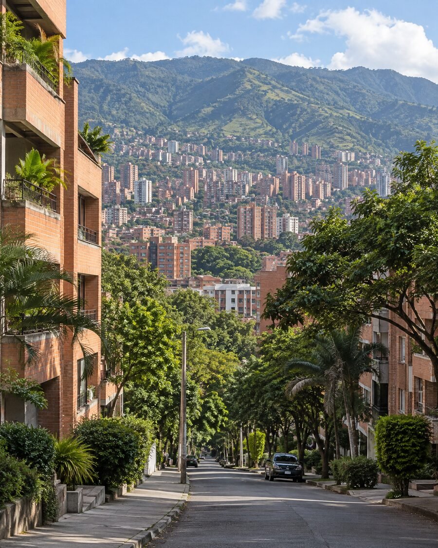 The Medellin valley seen from a Laureles street, red-brick blocks on the hillsides