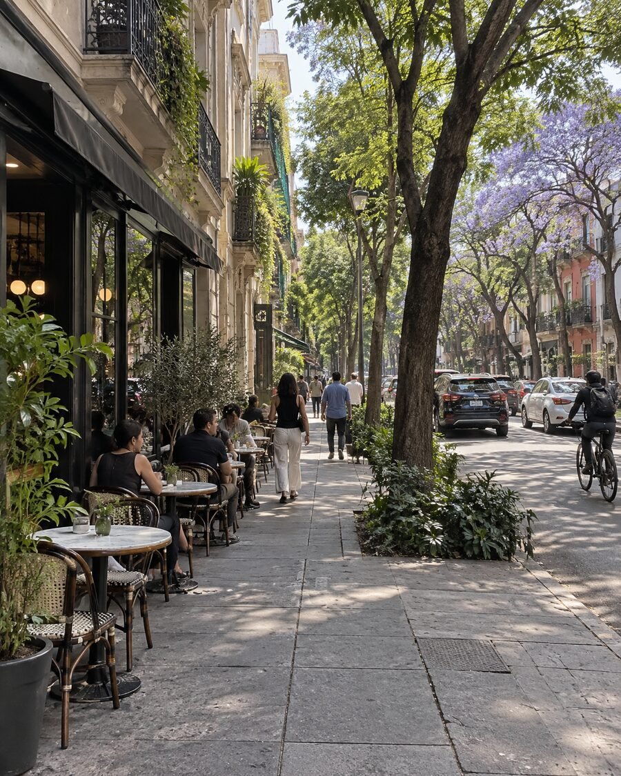 A tree-lined street in Roma Norte, Mexico City, in clear morning light