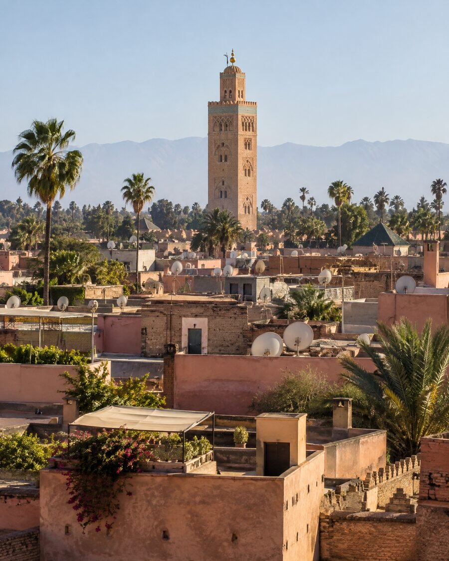 Daylight over the rooftops of the Marrakech medina toward the Koutoubia minaret