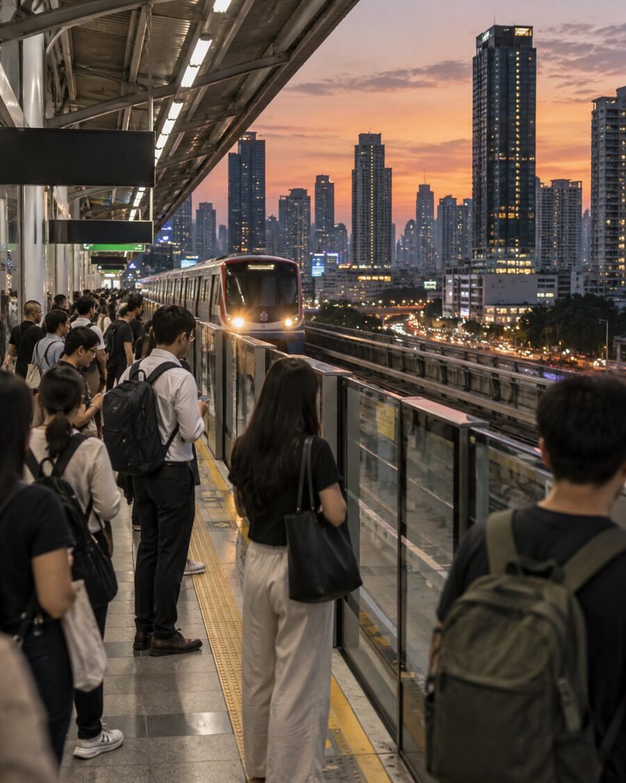 A busy Bangkok skytrain platform at dusk