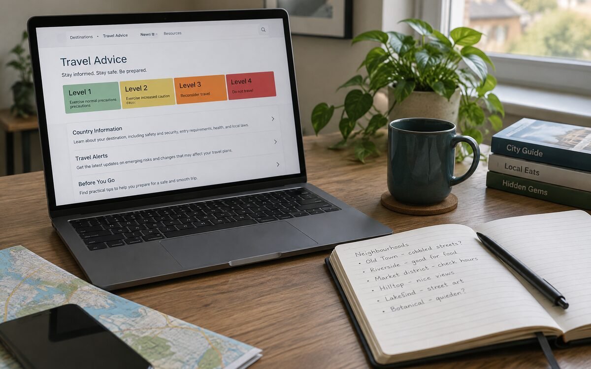 A laptop open to a government travel advisory page beside handwritten neighbourhood notes