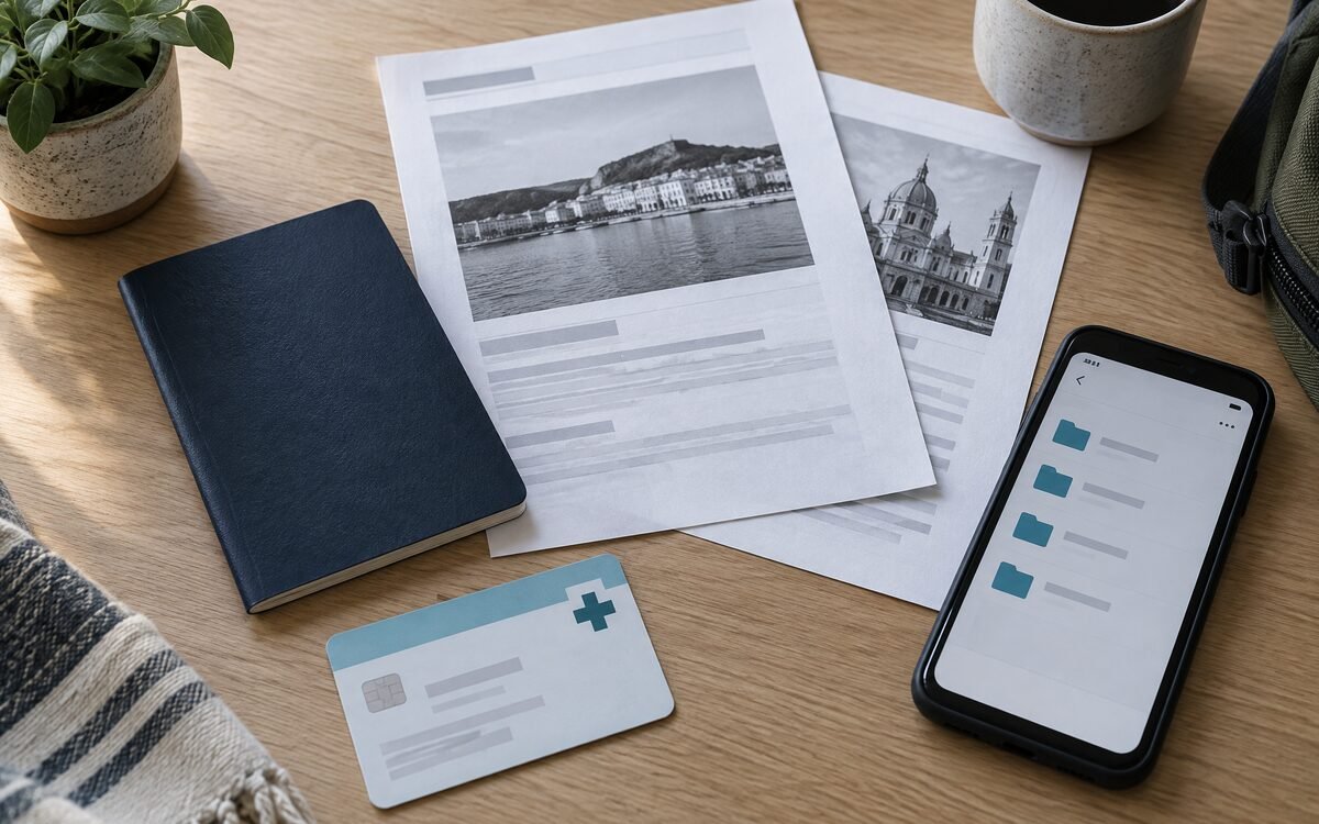 A passport, insurance card and photocopies laid out beside a phone showing an offline document folder