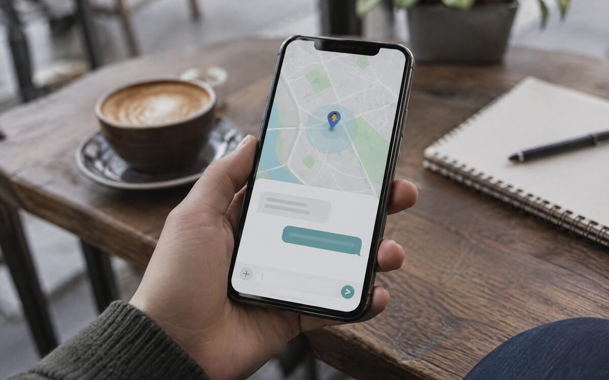 A phone showing a shared live location and an itinerary message thread