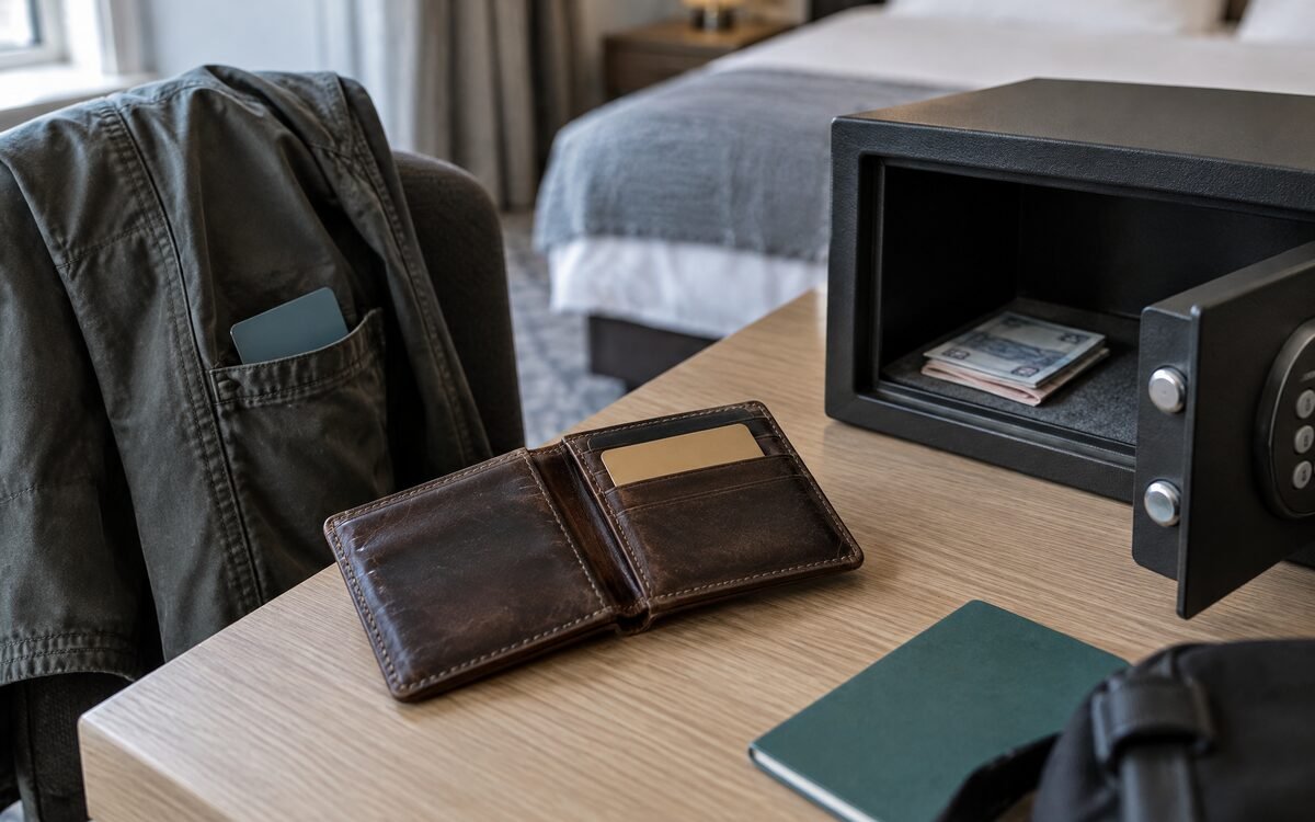 Bank cards and cash split between a wallet, a jacket pocket and a hotel safe