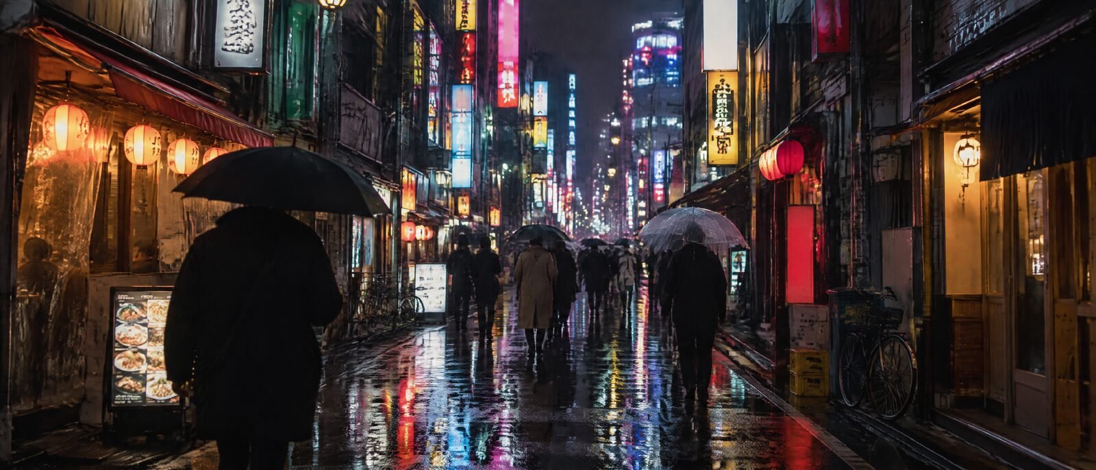 The neon of Kabukicho at night — signage stacked several storeys high, people moving on a wet street