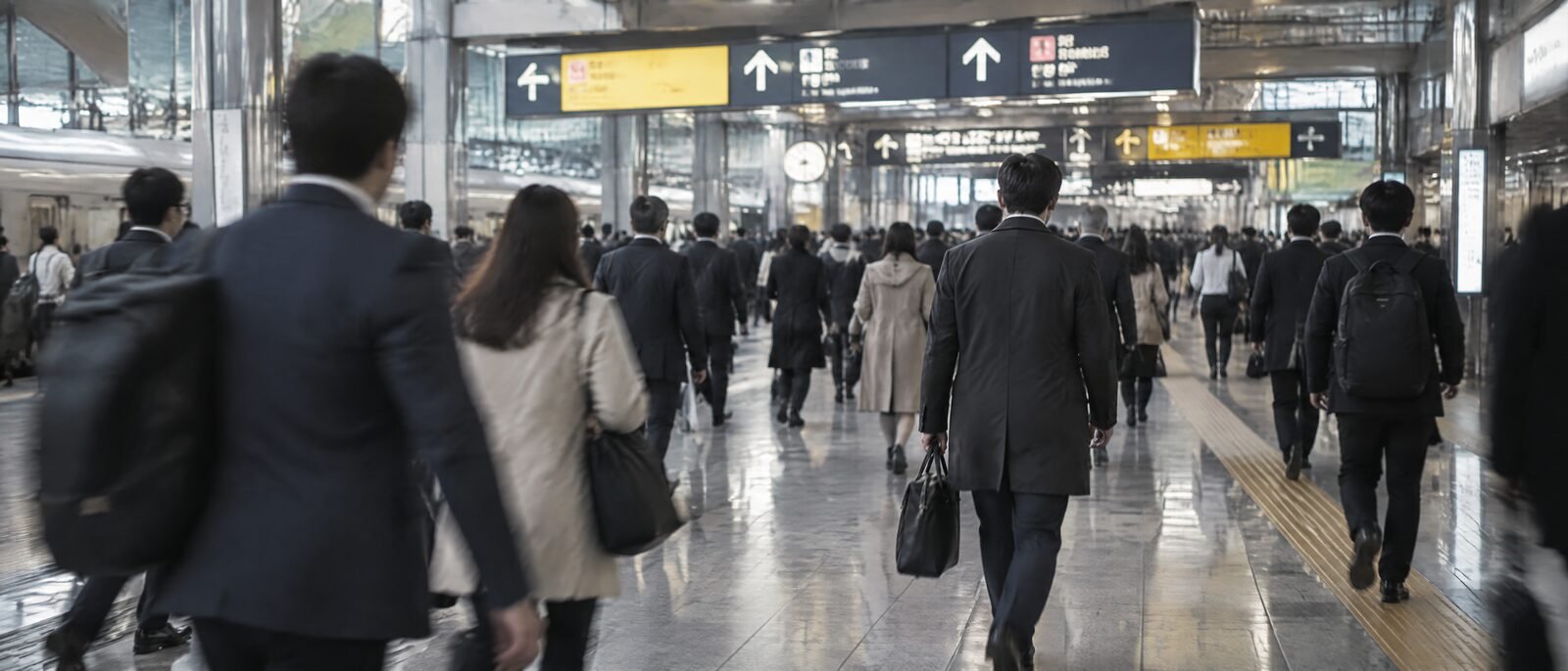 A Tokyo station concourse at rush hour, signage in Japanese and English, commuters moving in orderly lines