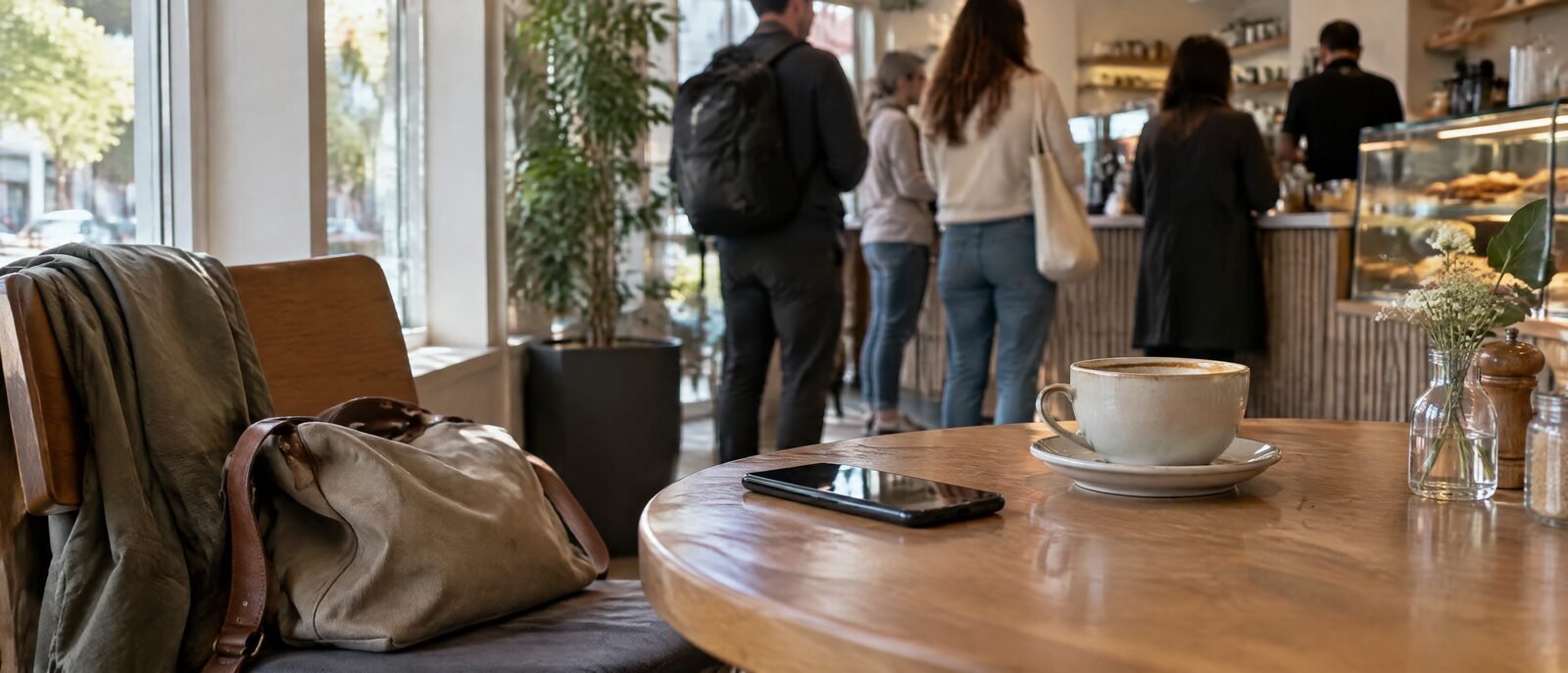 An unattended bag left on a cafe seat while its owner queues at the counter