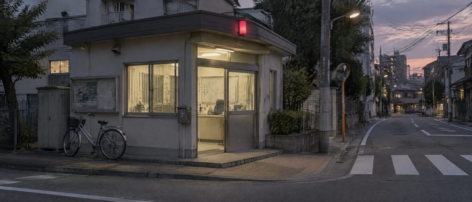 A Japanese koban police box on a street corner, lit, with a bicycle outside