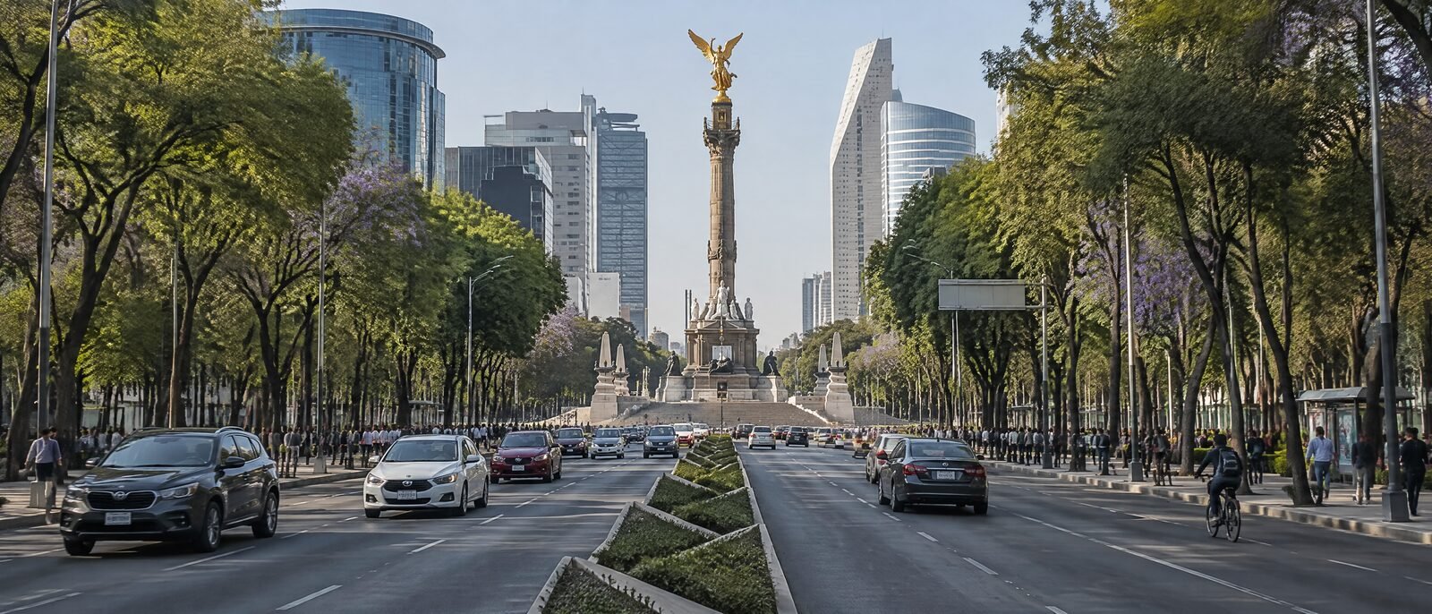 Paseo de la Reforma looking toward the Angel of Independence in clear morning light, moving traffic