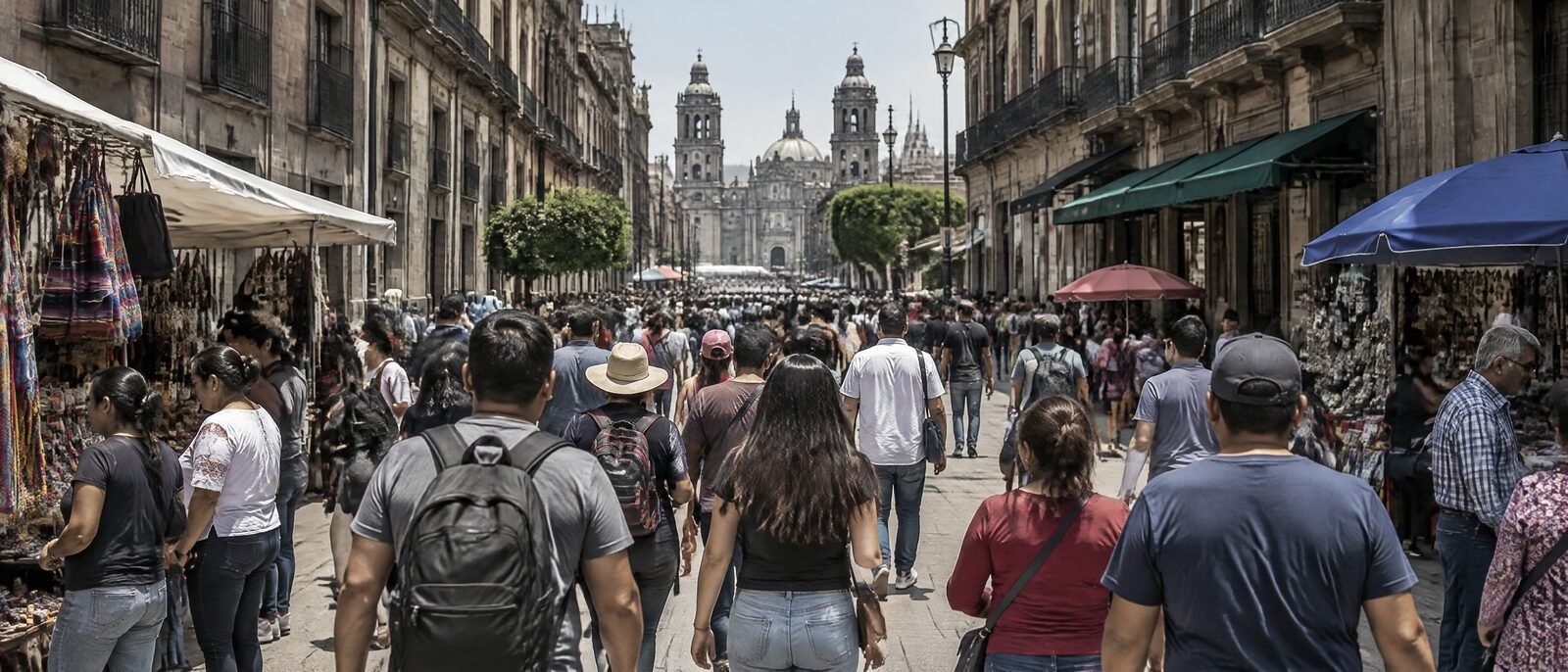 A dense midday crowd moving along the pedestrianised Calle Madero in the Centro Histórico