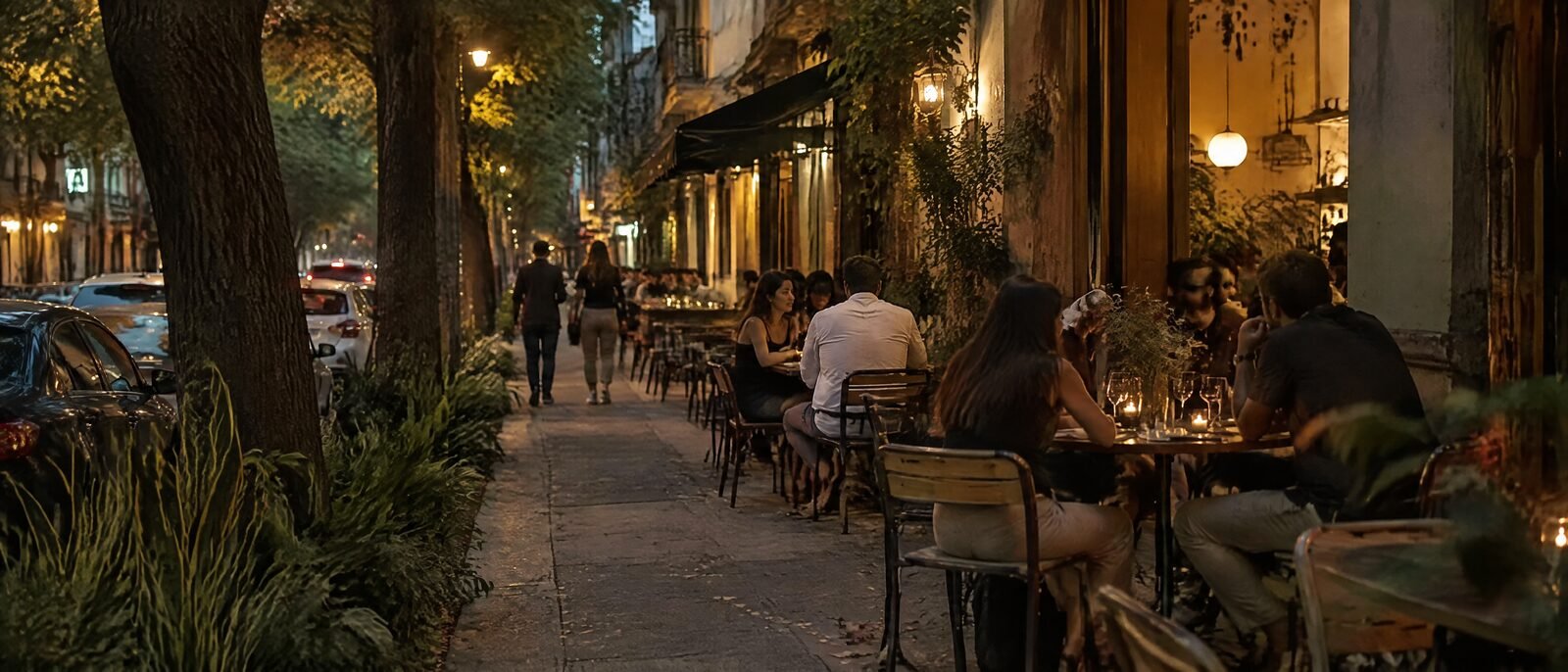 A tree-lined street in Roma Norte at dusk, café tables on the pavement, warm streetlight