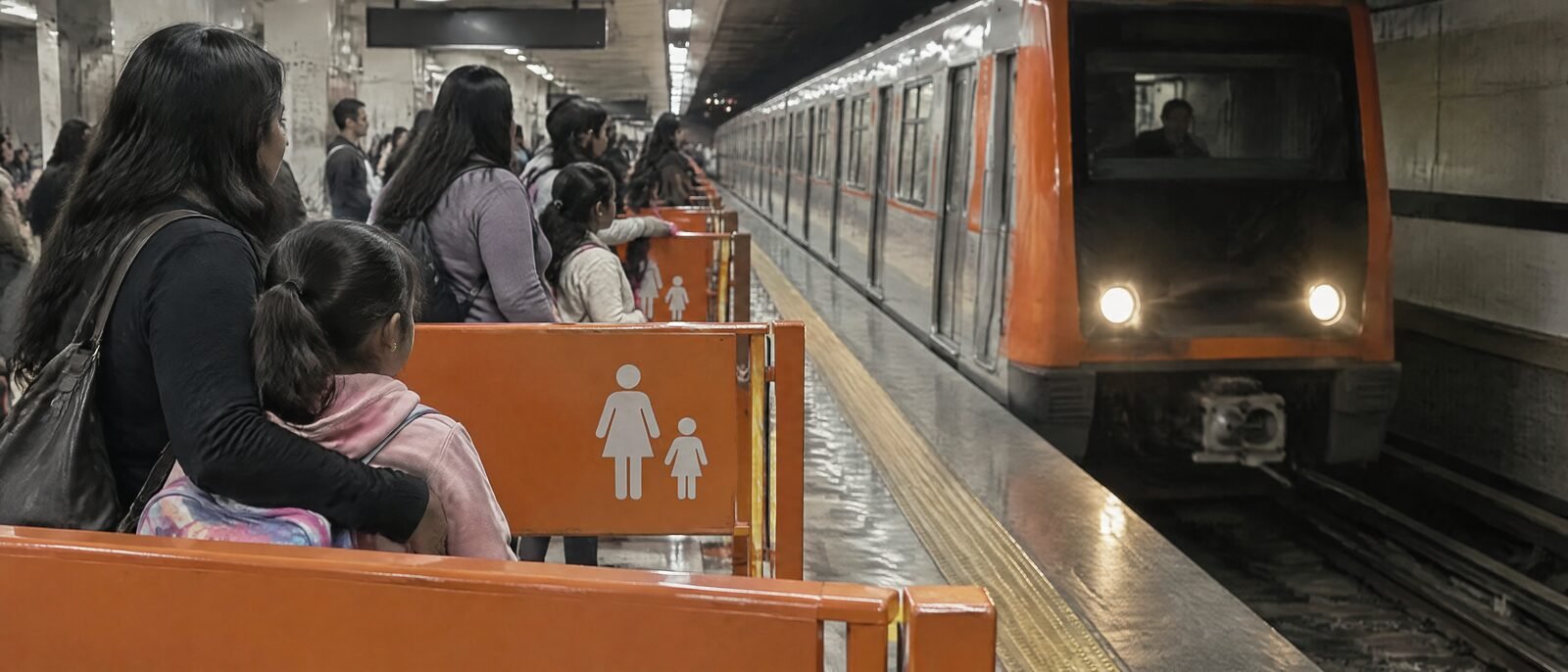 A Mexico City Metro platform with a train arriving, orange women-only barriers at the front