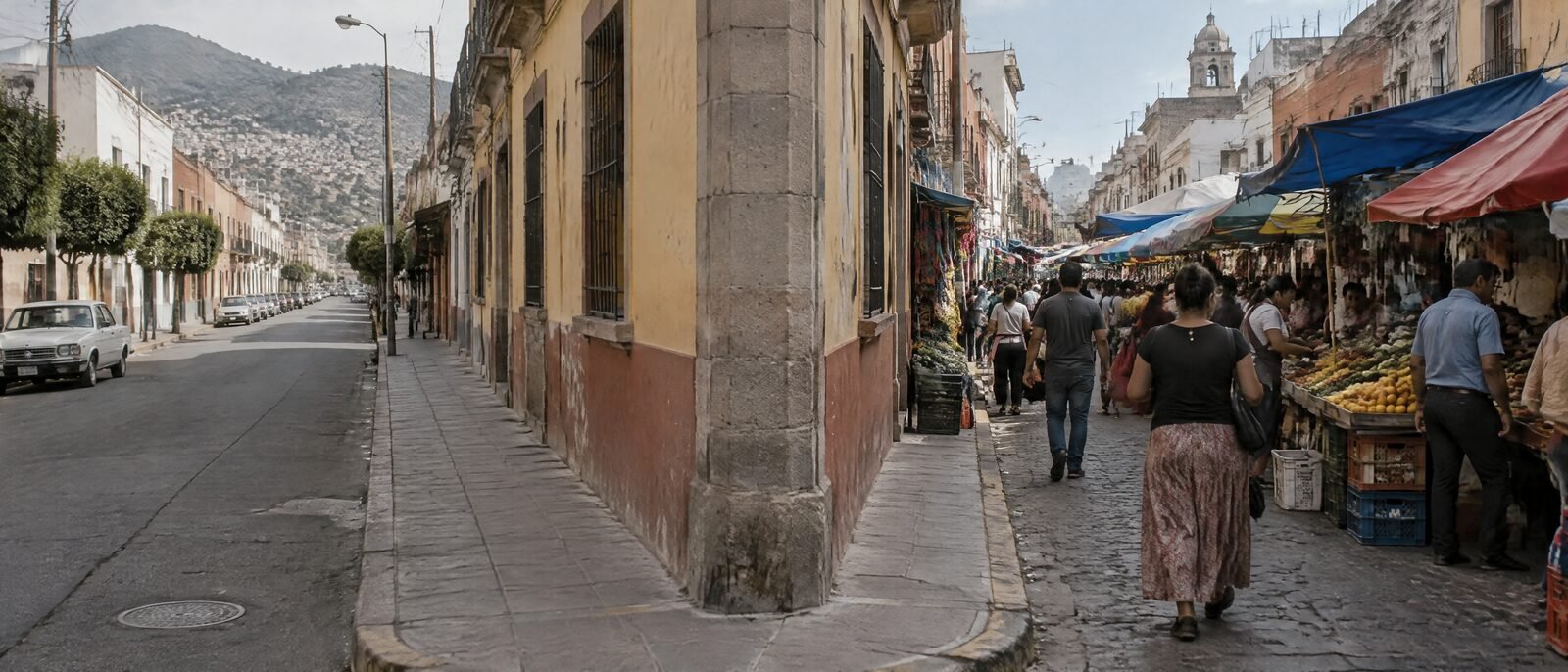 A split view — a quiet gridded residential street on one side, a dense market street on the other, same city