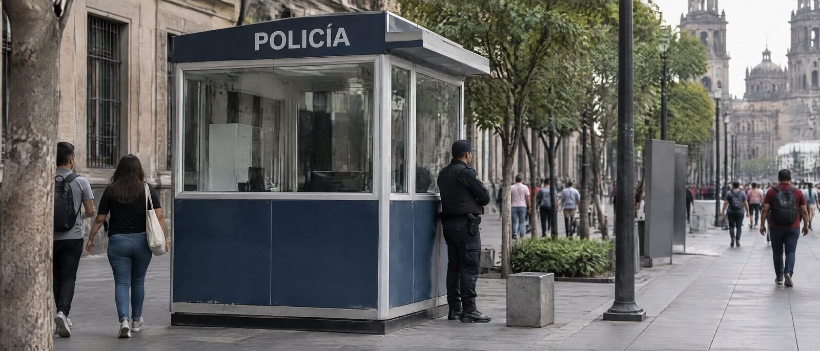 A Mexico City police module with tourist-police signage on a central street, daylight