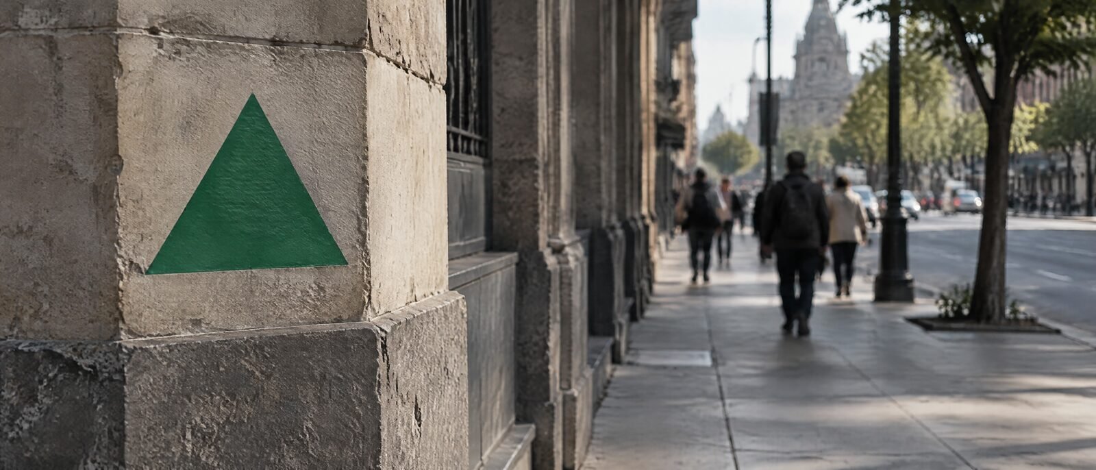 A green triangular zona de seguridad marker on a building wall in central Mexico City, morning light
