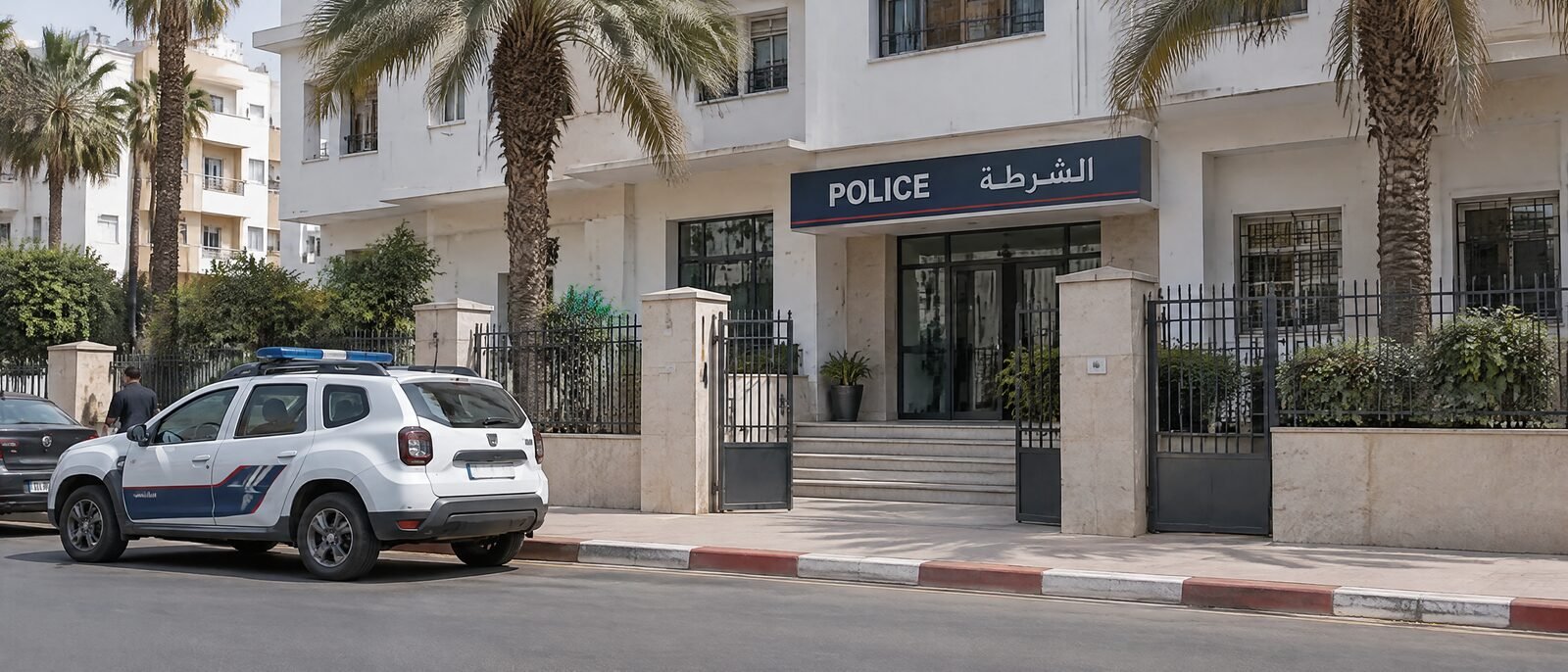 A Moroccan police station entrance with signage, daylight, ordinary street scene