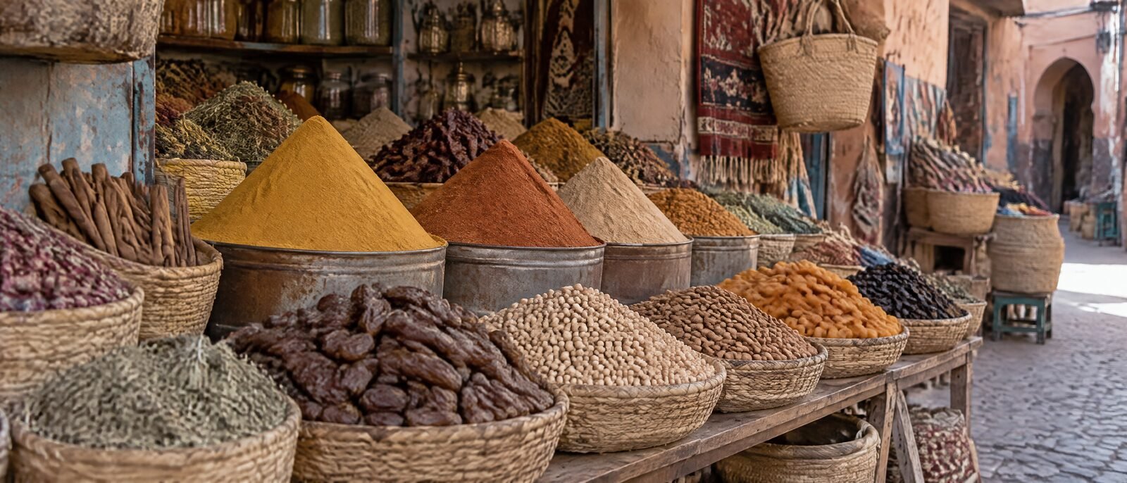 A Moroccan market stall with spices, dried fruit and produce arranged in cones, daylight, no people in frame